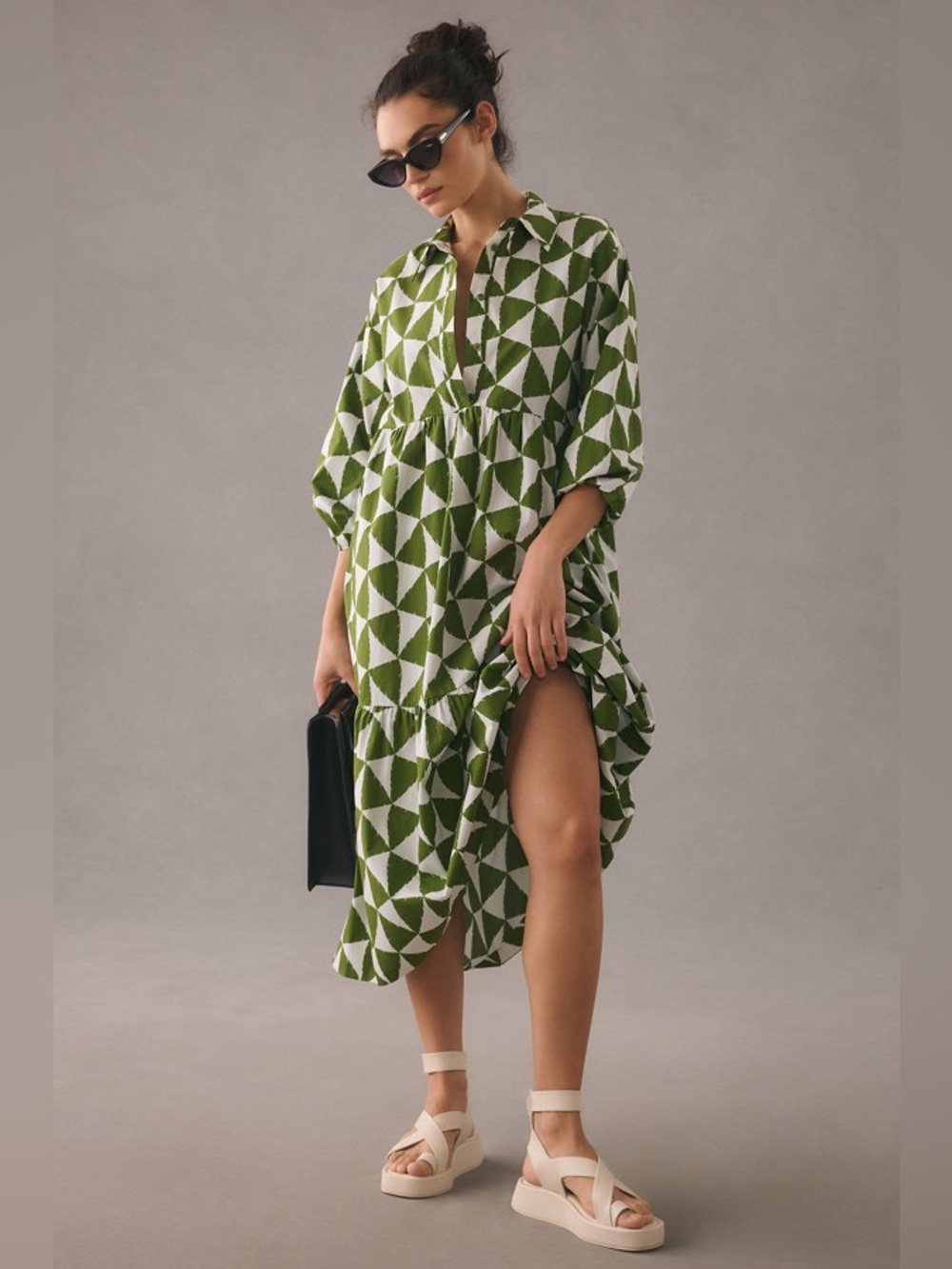 Anthropologie Maeve The Bettina Tiered Shirt Dress In Green Motif Size Large - Picture 3 of 12